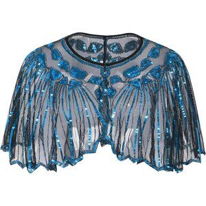 Women's Blue 1920s Shawl Sequin Beaded Evening Cape Retro Wedding Wraps Scarf